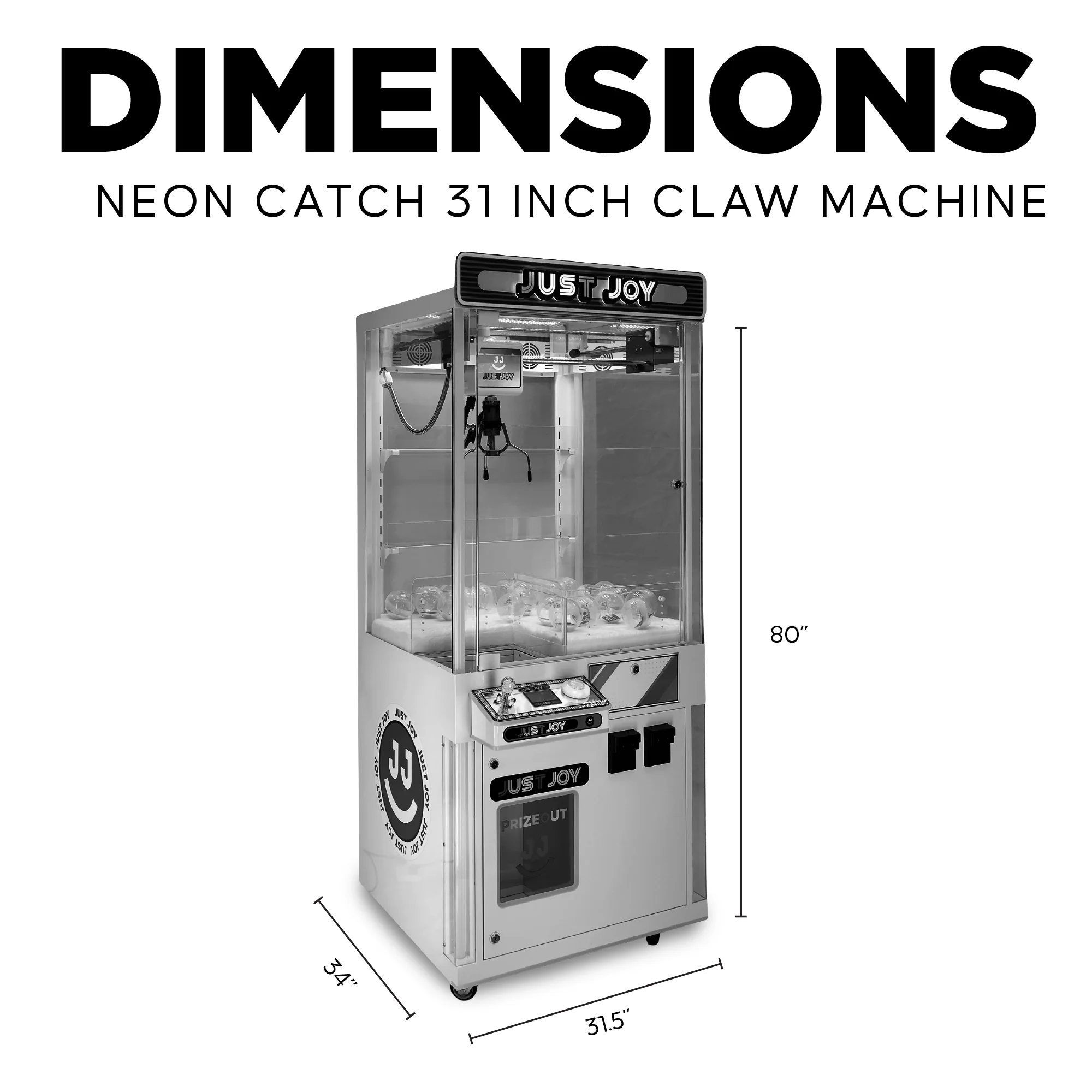 Neon Catch 31" Claw Machine with 7 Color Neon Cabinet Lights 5 Claw31 DimensionImage 01 2048x2048